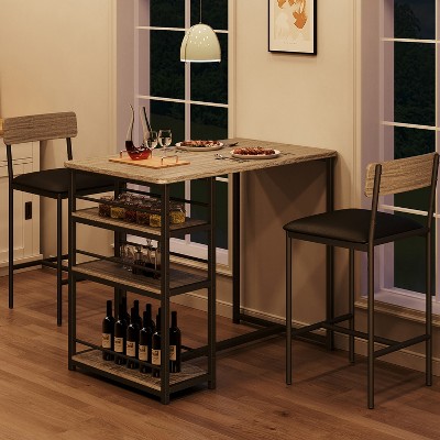 Counter Height Kitchen Table with 2 Upholstered Bar Stools, Wood Dining Table Chairs Set for 2 with Storage Shelves, for Small Space, Apartment