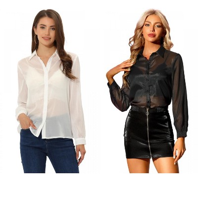 INSPIRE CHIC Women's Sheer Mesh Long Sleeve Button Down Shirts 2 Packs