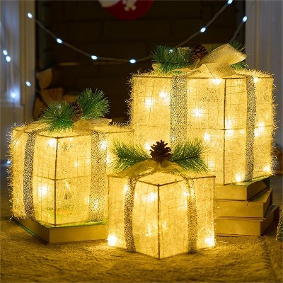 Joyfy 3Packs Christmas Gift Box Lights, Present Boxes Yard Light Decorations with 60/100 LEDs for Christmas Eve Night Indoor Outdoor Decorations