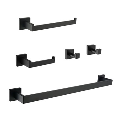 Cobbe Bathroom Pendant 5-Piece Set with Towel Rack, Hand Towel Bar, Toilet Paper Holder, 2 Towel Hooks, Matte Black Wall Mounted Bathroom Hardware Set