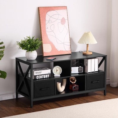 TV Stand for Living Room, Entertainment Center for TV up to 50 Inches, TV Console Table with 2 Fabric Drawers and Open Storage Shelves