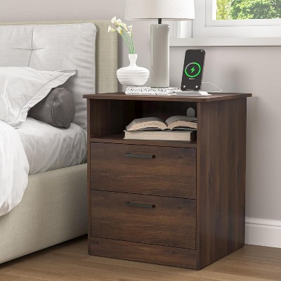 CIPACHO Brown Wooden Night Stand with Charger Station USB-C AC Ports 2 Drawers Open Storage