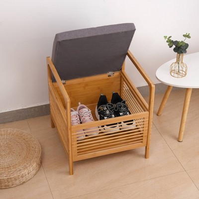 Proman Products Square Cambridge Bamboo Storage Shoe Bench Natural: Upholstered Entryway Bench with Cushion, Modern Style