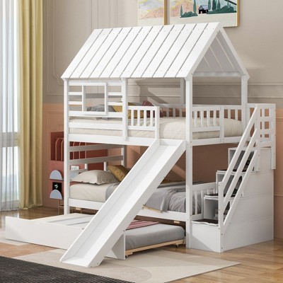 NicBex Twin over Twin Bunk Bed with Storage Stair Classic House Shape Triple Bed Frame Loft Bed with Guardrails, Slide and Scroll Wheels