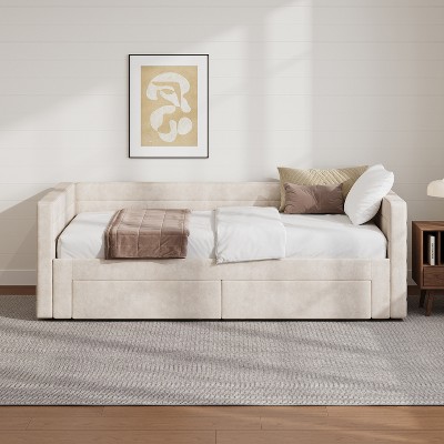 Twin to King Size Daybed with Trundle, Twin Size Chenille Upholstered Extendable Sofa Bed Frame with Storage Drawers - ModernLuxe