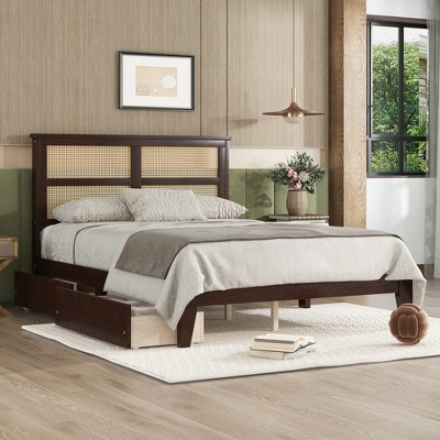 Full Size Storage Bed with Rattan Headboard and Two Storage Drawers