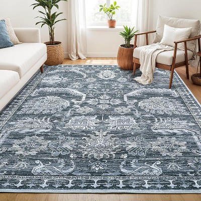 Washable rea Rug, Vintage Indoor Rug for Bedroom Living Room or Dining Room, Non-Slip Throw Rug Foldable Carpet for Entry Office Playroom