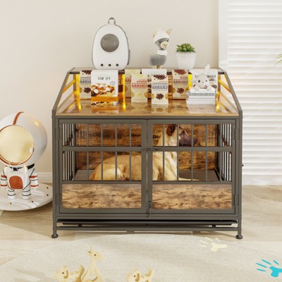 DSVIMOY Multi-function Dog Crates with Storage and Double Doors, Large Wooden Dog Kennel for Large/Medium Dog Indoor, Brown, 31.5"*19.69"*29.92"
