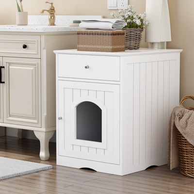 DSVIMOY Wooden Pet House, Cat Litter Box Enclosure with Drawer, Side Table, Indoor Pet Crate, Cat Home Nightstand, White, 18.9"*20.9"*25"