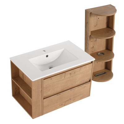 ChicFurnit Bathroom Vanity 30 Inch Wall Mounted Vanity with Sink and Soft Close Drawers for Bathroom, Brown, 30"*18.3"*19.7"