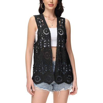 Anna-Kaci Women's Floral Crochet Cardigan Lace Trim Open Front Vest - Small, Black