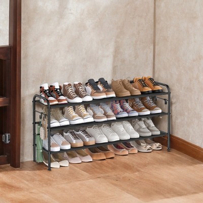Shoe Rack, 3 Tier Shoe Organizer, Fabric Shoe Shelf Storage with 4 Hooks, Holds up to 18 Pairs of Shoes, Height-Adjustable Shoe Rack for Entryway