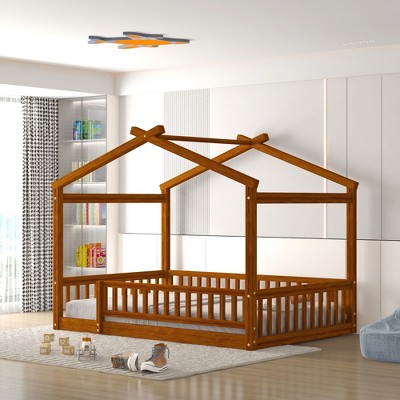 Twin/Full Size Wood Bed House Bed Frame with Fence -ModernLuxe