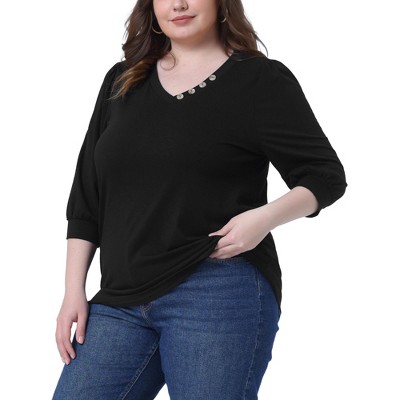 Agnes Orinda Women's Plus Size 3/4 Sleeve V-Neck Button Decor Solid Casual Blouses