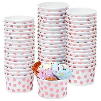 Juvale 50 Pack Paper Ice Cream Cups for Frozen Yogurt, Disposable Dessert Bowls with Rose Gold Foil Polka Dots, 8 oz