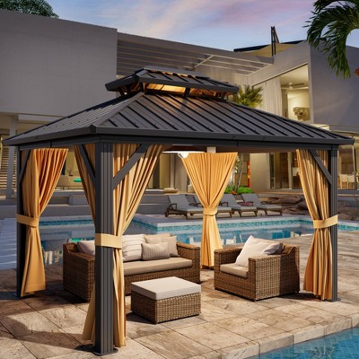 10 x12ft Hardtop Gazebo With Nettings & Curtains, Durable Galvanized Steel Frame and Vertical Striped Canopy for Patio Backyard Deck or Garden