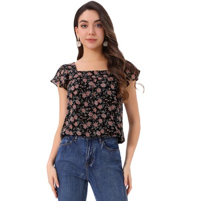 INSPIRE CHIC Women's Chiffon Ruffle Sleeve Square Neck Floral Print Blouse