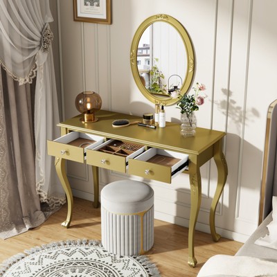 KWPZQEB Vanity Desk with Oval Mirror and 3 Drawers, Makeup Vanity Table, Elegant Dressing Table for Bedroom Dressing Room