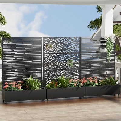 Wooakway 142"W × 72"H Black Rectangle Metal Planter Box with Trellis Raised Garden Bed with Arbor Privacy Screen with Wheels