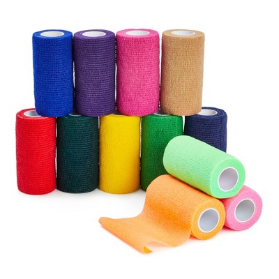 Impresa 12 Rolls Colorful Self Adherent Bandage Wrap, 4 Inches x 5 Yards, Self Sticking Cohesive Vet Tape, 12 Bright Colors