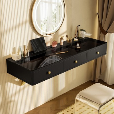 TIRAMISUBEST Floating Vanity Desk, Wall-Mounted Dressing Table with Drawers & Hair Dryer Holder Hole