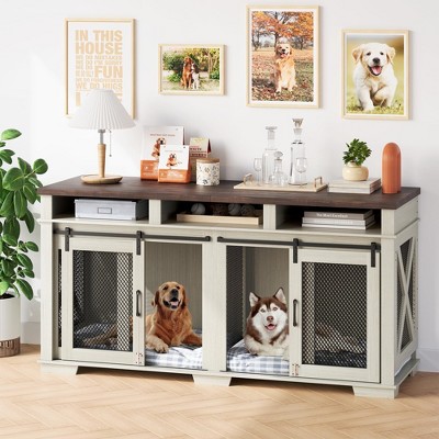 Garvee 71" Dog Crate Furniture, Large Wooden Double Dog Crate with 3 Storage, Removable Divider, Furniture Style Dog Crate Table Indoor TV Stand