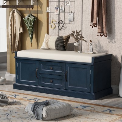 Entryway Storage Bench with 2 Drawers and 2 Cabinets, Shoe Bench with Removable Cushions-ModernLuxe
