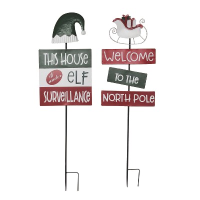 Transpac Metal Elf and North Pole Yard Stake Set of 2 Christmas Home Decorations for Garden Iron Stakes