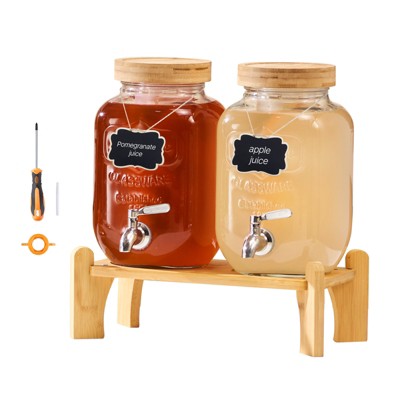 VEVOR Beverage Dispenser, 2 Pack 1 Gallon Drink Dispensers for Parties, Glass Juice Dispenser with Wood Stand, Stainless Steel Spigot,Infuser, Clear