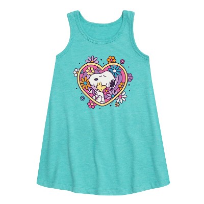Girls' - Peanuts - Hug Heart Flower Graphic Sleeveless Aline Dress