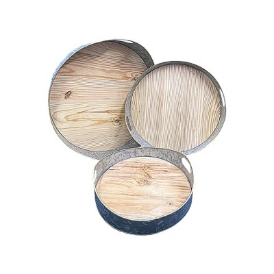 Essential Decor & Beyond 3-Piece Set Wood and Galvanized Steel Industrial Rustic Round Tray