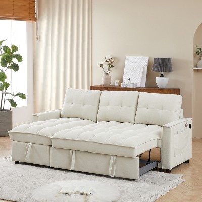 TIRAMISUBEST Pull-Out Sleeper Sofa Bed with USB Ports, Reclining Sectional Sofa with Hidden Storage and Pockets