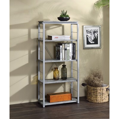 Industrial Bookshelf with Faux Concrete Shelves and Metal Frame for Small Spaces or Home Office-3irtyhousy