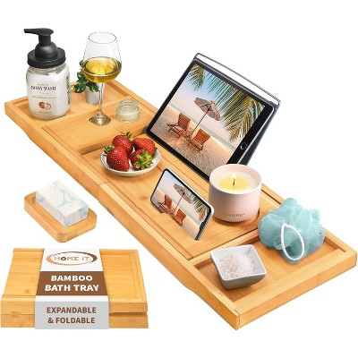 Homeitusa Premium Wood Bathtub Tray – Expandable Waterproof Bath Caddy with Wine, Book, Phone & Soap Holder – Foldable Luxury Gift