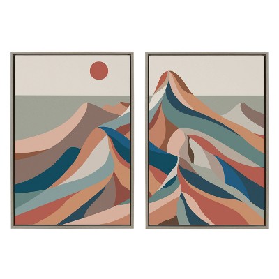 (Set of 2) 23" x 33" Sylvie Mid-Century Modern Mountains Framed Canvas Gray - Kate & Laurel All Things Decor