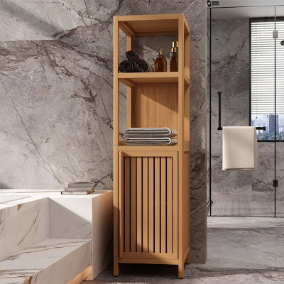 KTMBDW Bathroom Floor Cabinet, 5 Tier Tall Thin Linen Tower Storage Cabinet Free Standing Bamboo with 2 Shelves and Cupboard for Bathroom