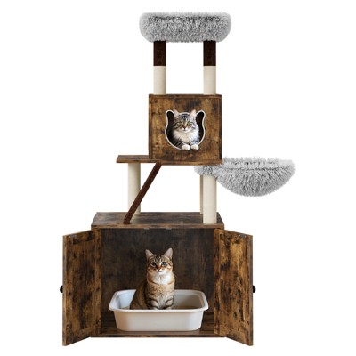 59 Inch Large Cat Tree,2-in-1 Multi-Level Pussy Tower Condo Toilet Furniture with Hammock Sisal Scratching Posts Plush Perch to Climb Scratch Sleep