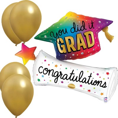 LoonBalloon 35 Inch Graduation Rainbow Cap & Diploma Balloon Medium Size Balloon with 4 latex