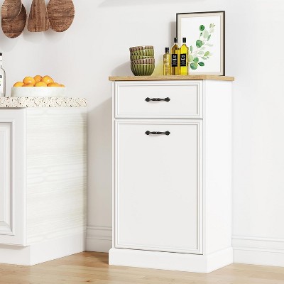 Gallon Tilt Out Trash Cabinet, Freestanding Kitchen Trash Bin Cabinet with Hideaway Drawer, Pet Proof Wooden Garbage & Recycling Cabinet