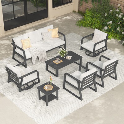 SUGOLD Aluminum Patio Furniture Set 5 Pieces Outdoor Conversation Set with Teak Coffee Table & Cushion, Outdoor Patio Furniture Sectional Patio Sofa