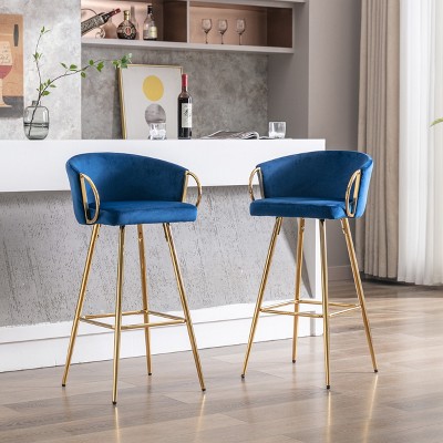 26 Inch Set of 2 Bar Stools,with Chrome Footrest and Base Velvet + Golden Leg Simple Bar Stool