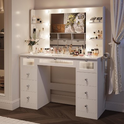Petrimins 9-Drawer Makeup Vanity Desk with Tempered Glass Top and Built-in Lights with 22" Mirror