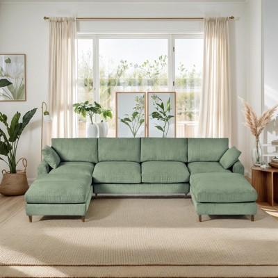 Oversized 121.65" Modern Corduroy Modular U-Shaped Sectional Sofa with Adjustable Headrest, Ottoman & Side Pockets for Living Room Apartment