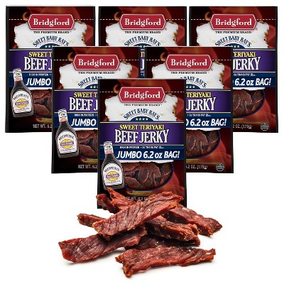Bridgford Sweet Baby Ray’s Beef Jerky Sweet Teriyaki 6.2 oz - High Protein Beef Jerky Teriyaki for On the Go Snacking and Busy Lifestyles