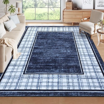5x7 Navy Checkered Area Rug,Washable Modern Low Pile Non-Slip Carpet,Soft Neutral Accent Mat for Living Room,Bedroom,Dining Room, Office, Playroom