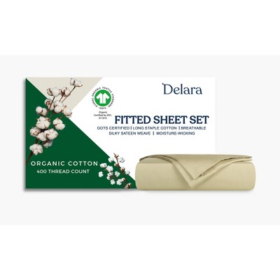 Delara GOTS Certified 100% Organic Cotton Fitted Sheet Set, 400TC Long Staple, Smooth & Breathable with Elasticized Deep Pocket