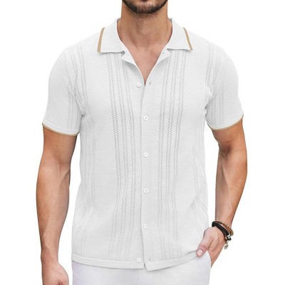 COOFANDY Men's Knit Button Down Shirt Vintage Short Sleeve Polo Shirts Casual Beach Tops