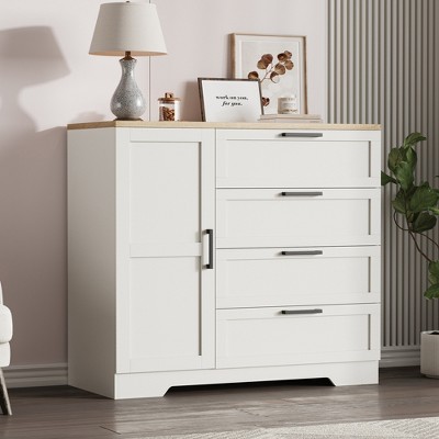 Garvee 43.3'' H Armoire Wardrobe Closet with 4 Drawers and 2 Doors, Hanging Rod, Multifunctional Wooden Dresser with Storage Closet
