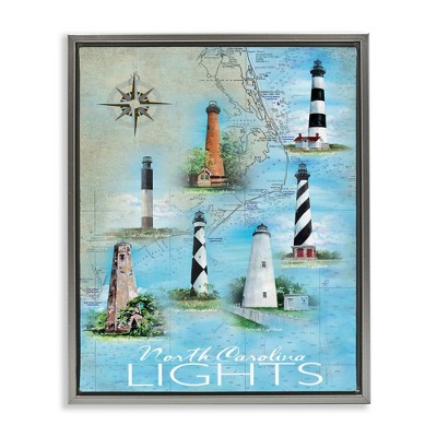 Stupell Industries North Carolina Lighthouses Map Black Floater Framed Canvas Wall Art