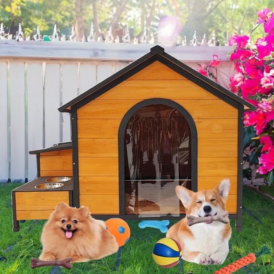 Kumasinova Dog Crates for Large Dogs,Dog House Outdoor with Wooden Dog Kennel Furniture Design,Heavy Duty Dog Crate with Feeding Station,Natural